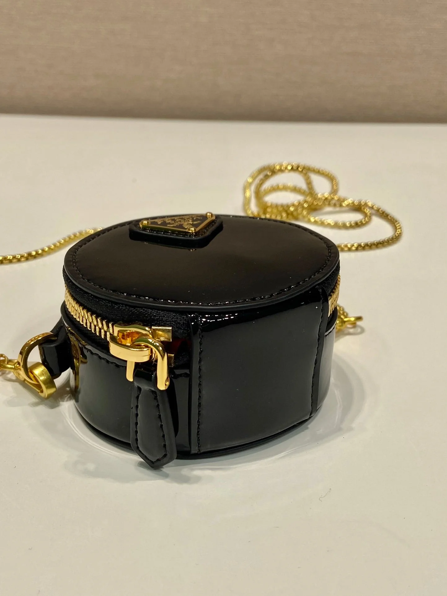 Prada MINI ROUND BAG 8 IN BLACK GLOSSY CALFSKIN GOLD HARDWARE