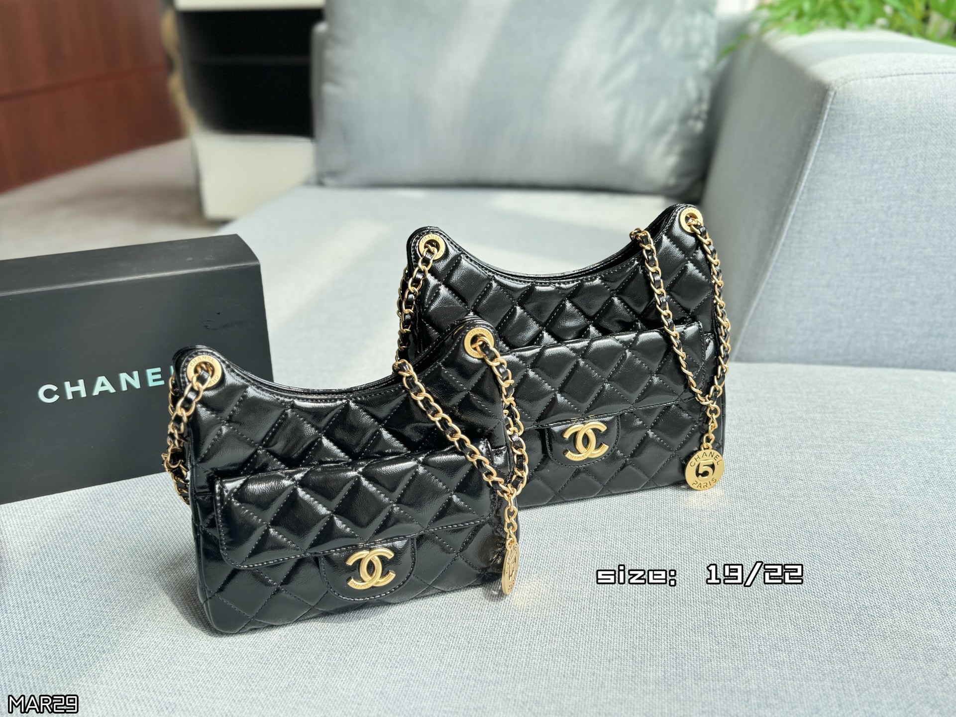 Chanel Fortune Cookie No.5 Coin Charm Quilted Smooth/Patent Leather Pocket Hobo Shoulder Bag - KAIROO