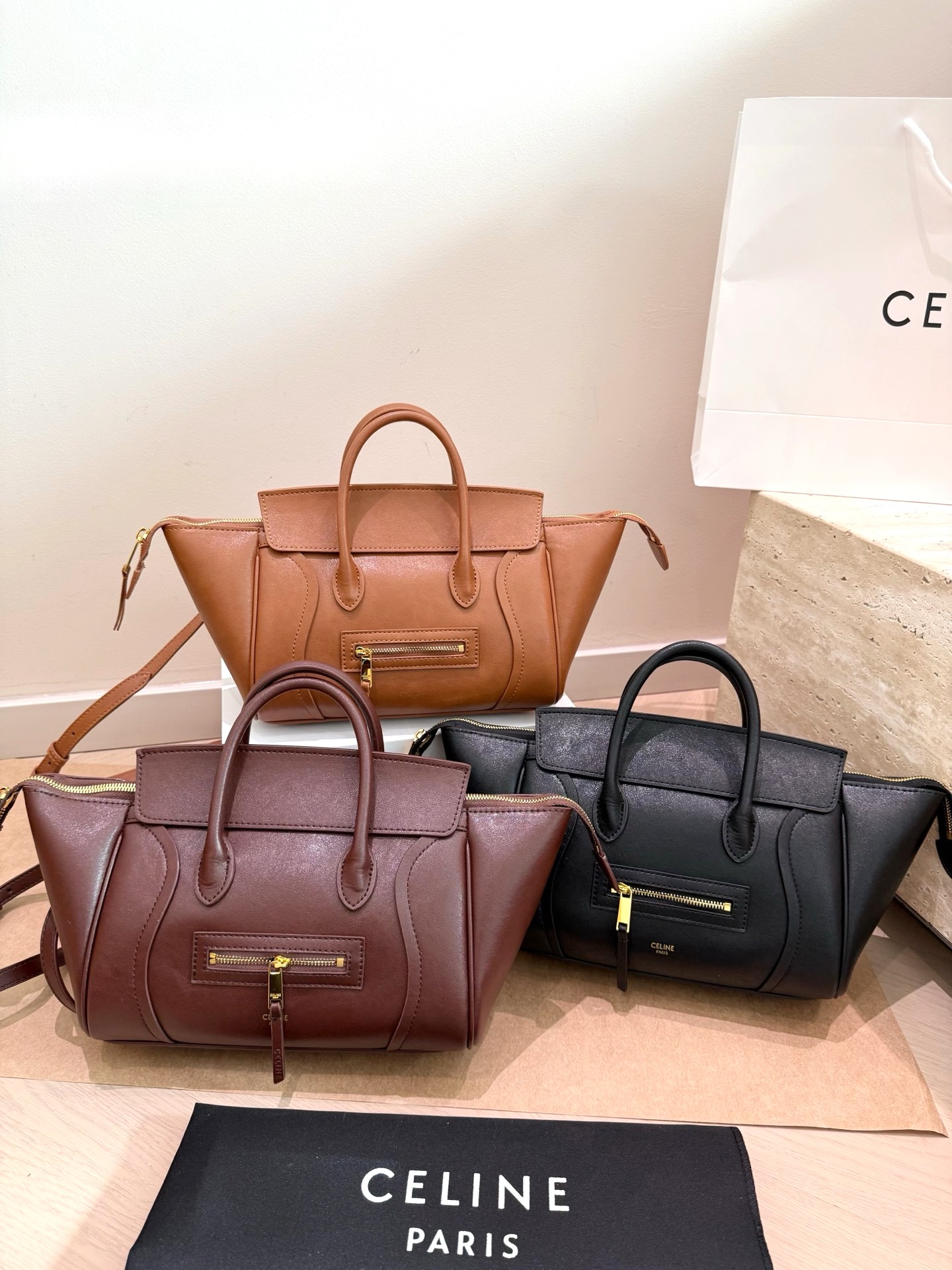 Celine Large& Nano Tie Horizontal Luggage Drummed Leather Robot Face Winged Tote Bag - KAIROO