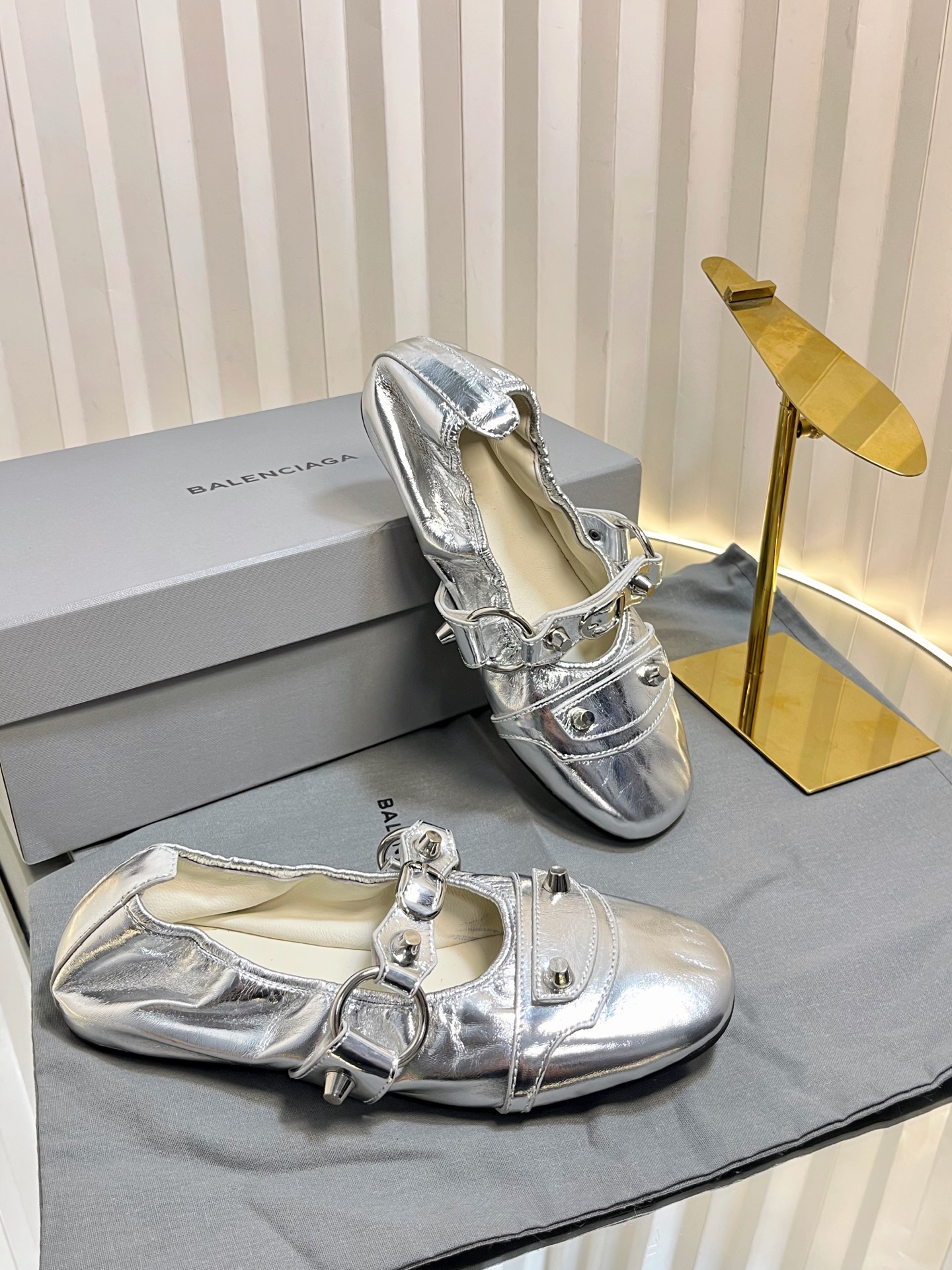 Balenciaga Le Cagole Silver Studded Metallic Arena Leather Buckle Strap Mary Jane Ballerina Flats - KAIROO