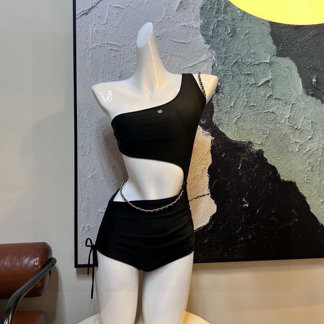 Chanel One-Shoulder Chain Cutout Drawstring Matching Chain link One-Piece Swimsuit - KAIROO