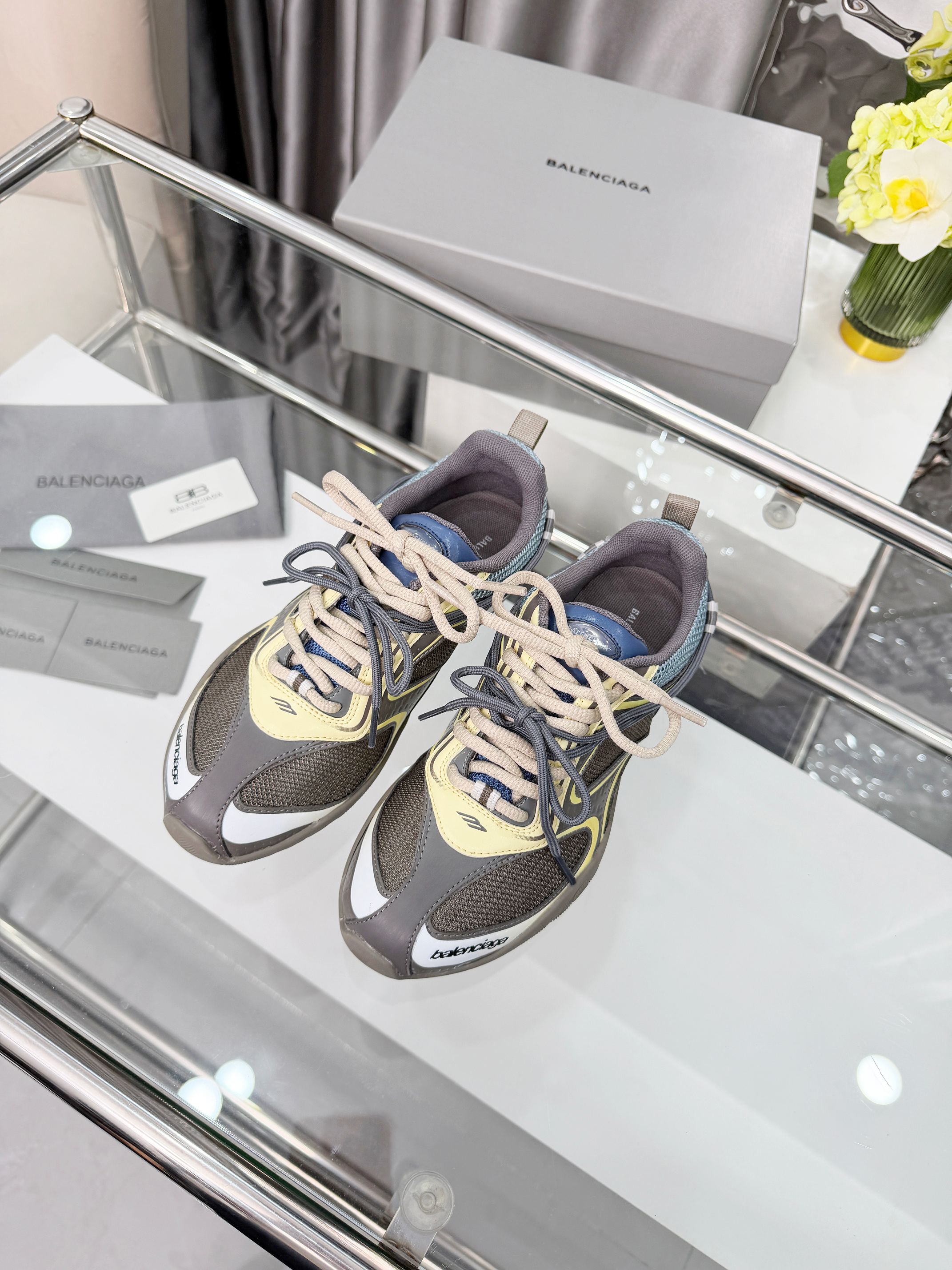 Balenciaga Radar Brown Yellow Blue Tech Mesh Gradient Panel Lace Up Low Top Jogger Sneakers - KAIROO