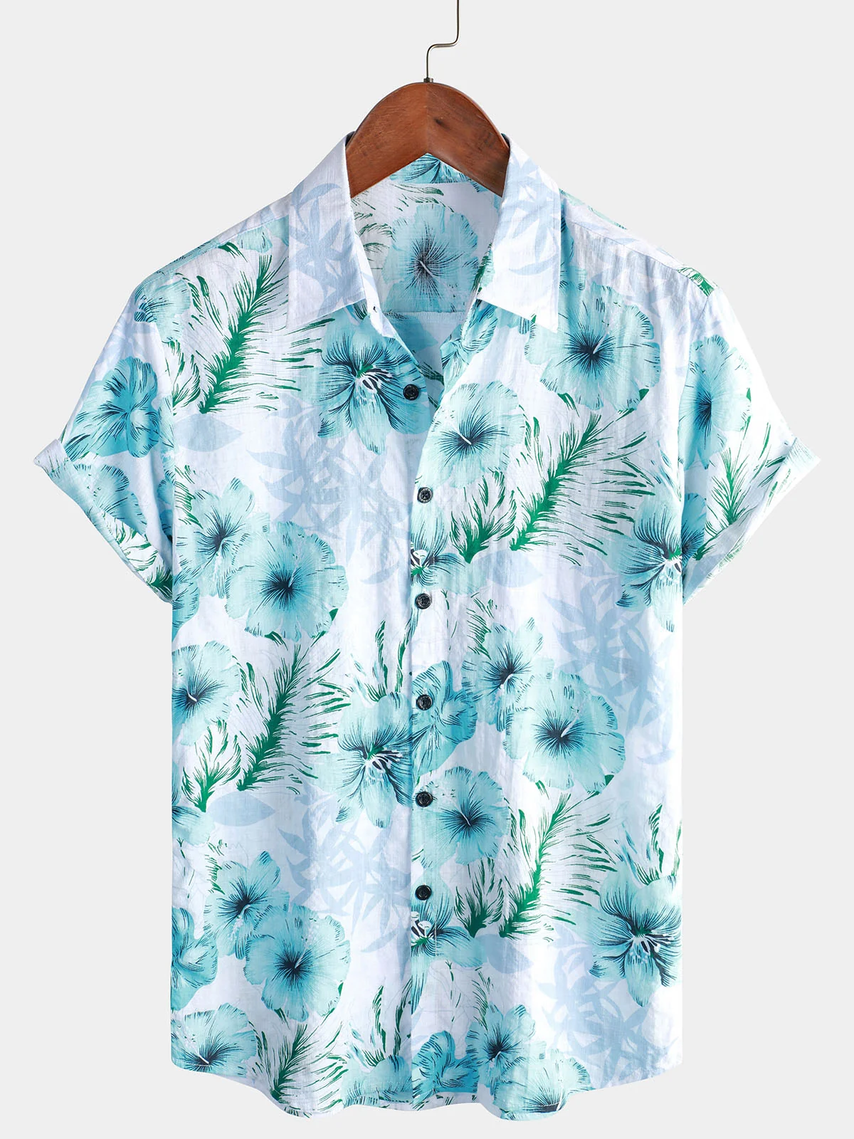 Men's Blue Hibiscus Tropical Floral Hawaiian Summer Vacation Beach Short Sleeve Shirt