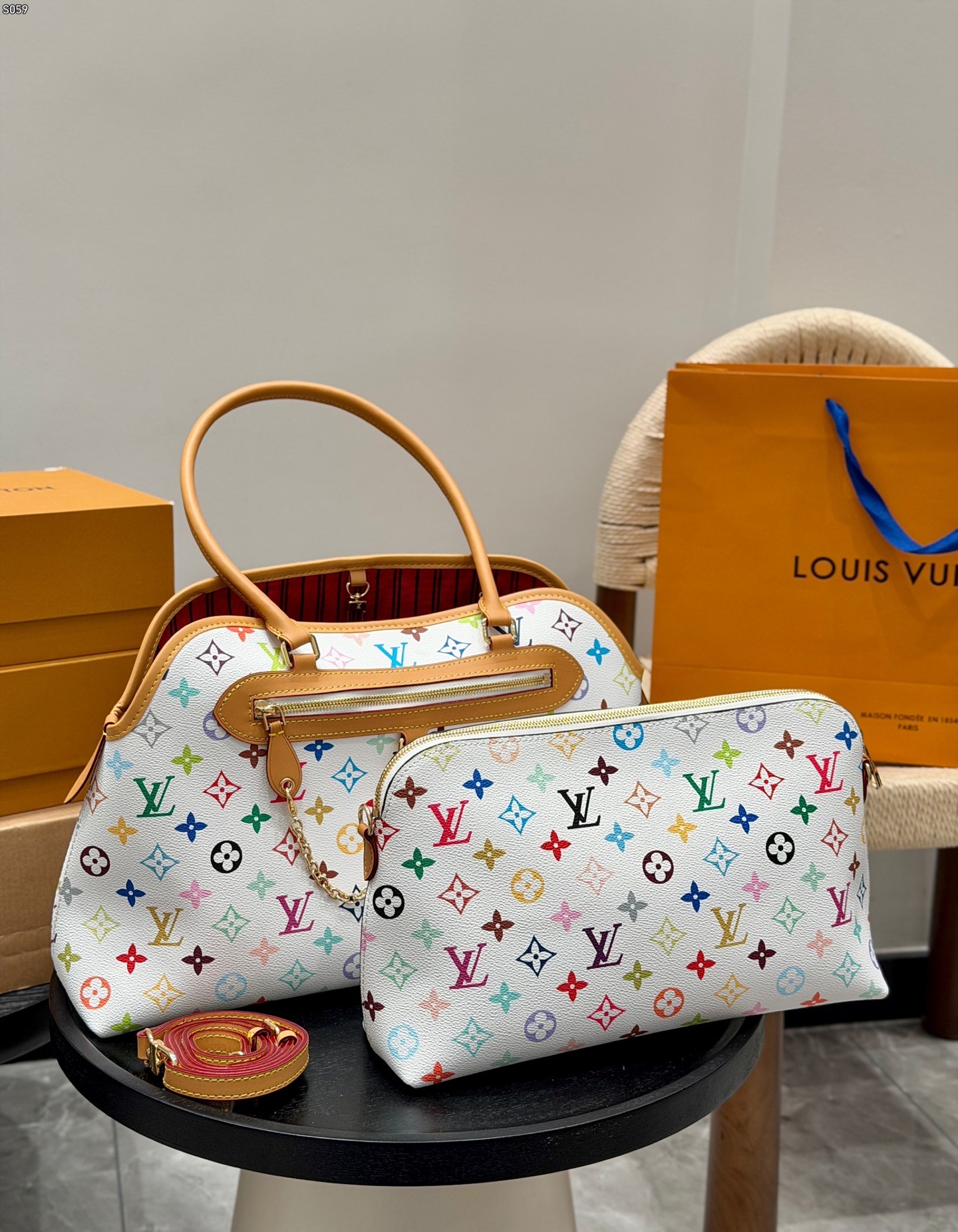 Louis Vuitton LV x TM GM Montorgueil Ever More Monogram White Multicolore Top Handle Bag With Pouch - KAIROO