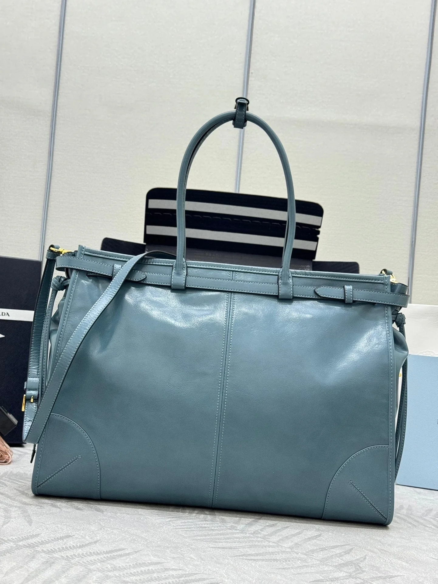 Prada Bonnie Extra-Large 42cm Blue Gray Calfskin