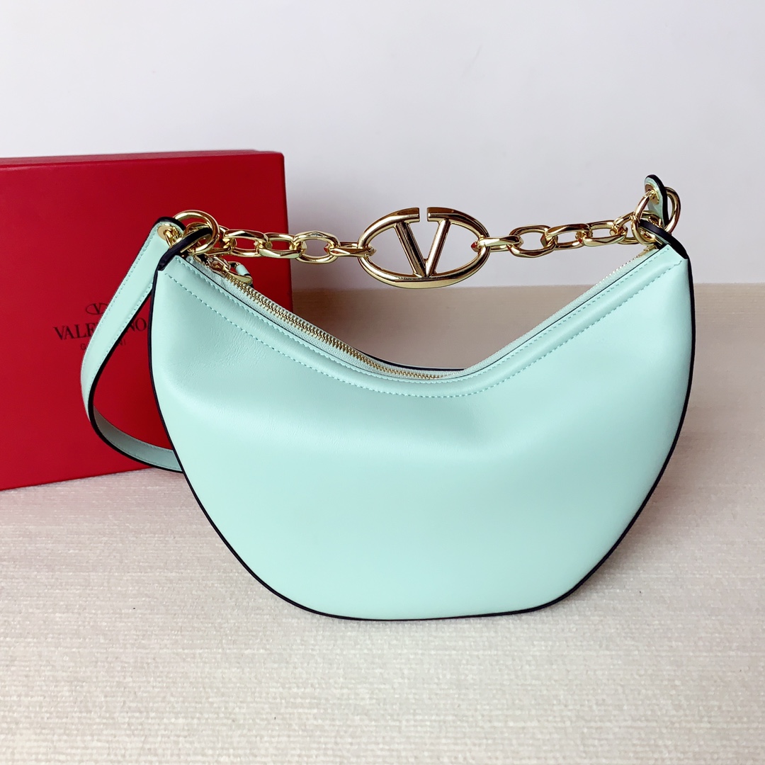Valentino Small Vlogo Moon Hobo in Smooth Calfskin-Light blue