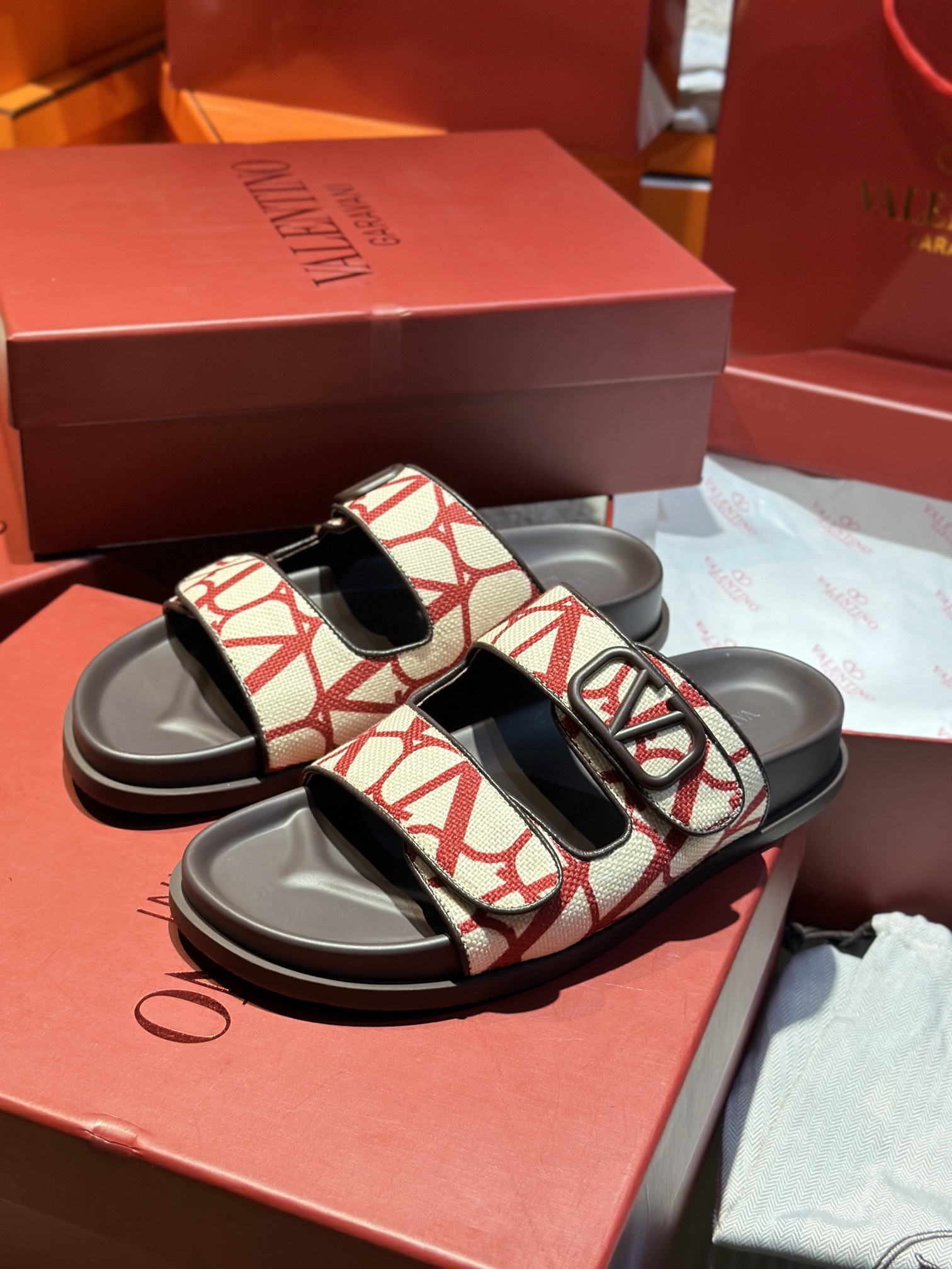 Valentino Garavani Toile Iconographe VLogo Rosso Canvas Dual Strap Flat Slide Sandals - KAIROO