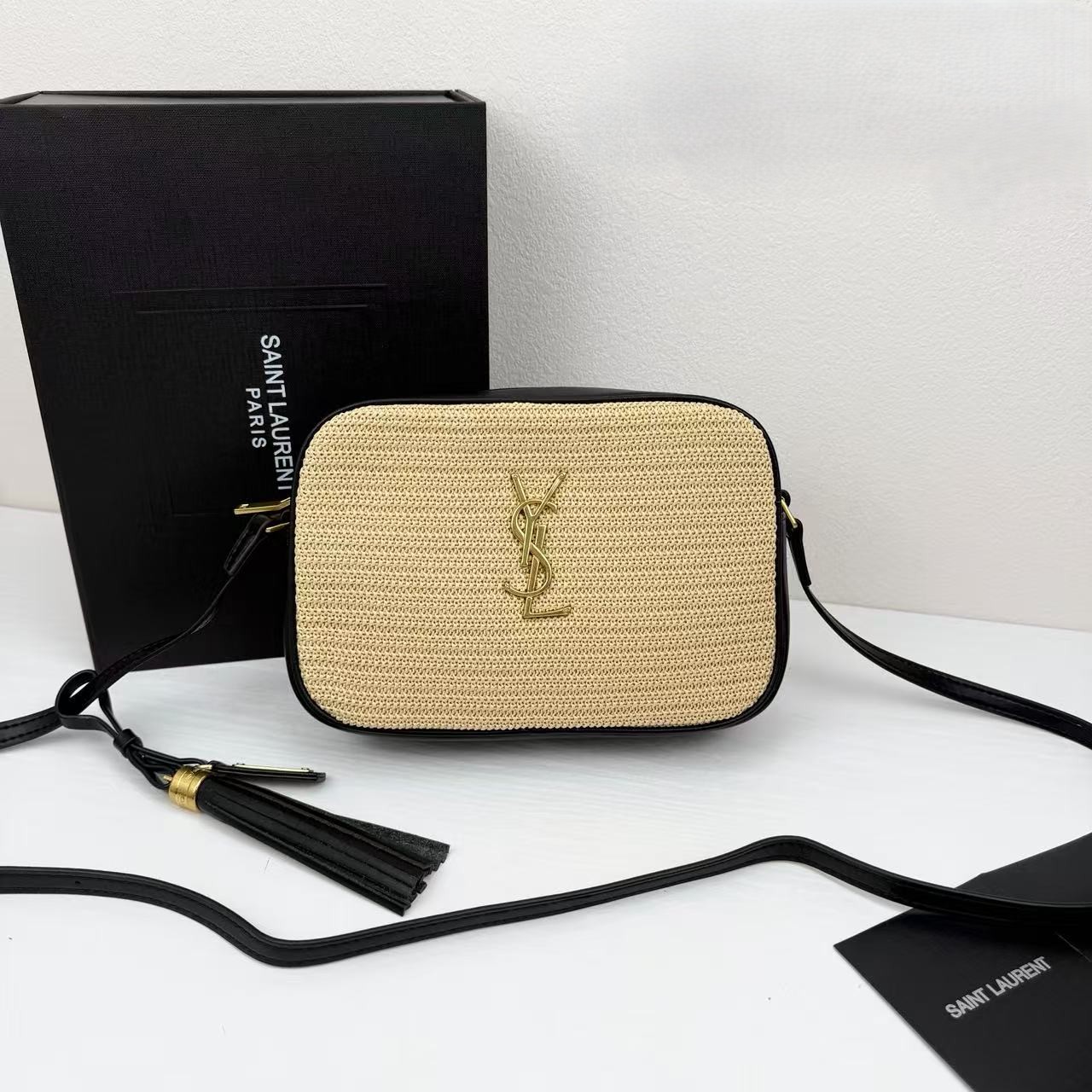 Saint Laurent Lou YSL Crocheted Woven Raffia Leather Trim Tassel Hanging Camera Crossbody Bag - KAIROO