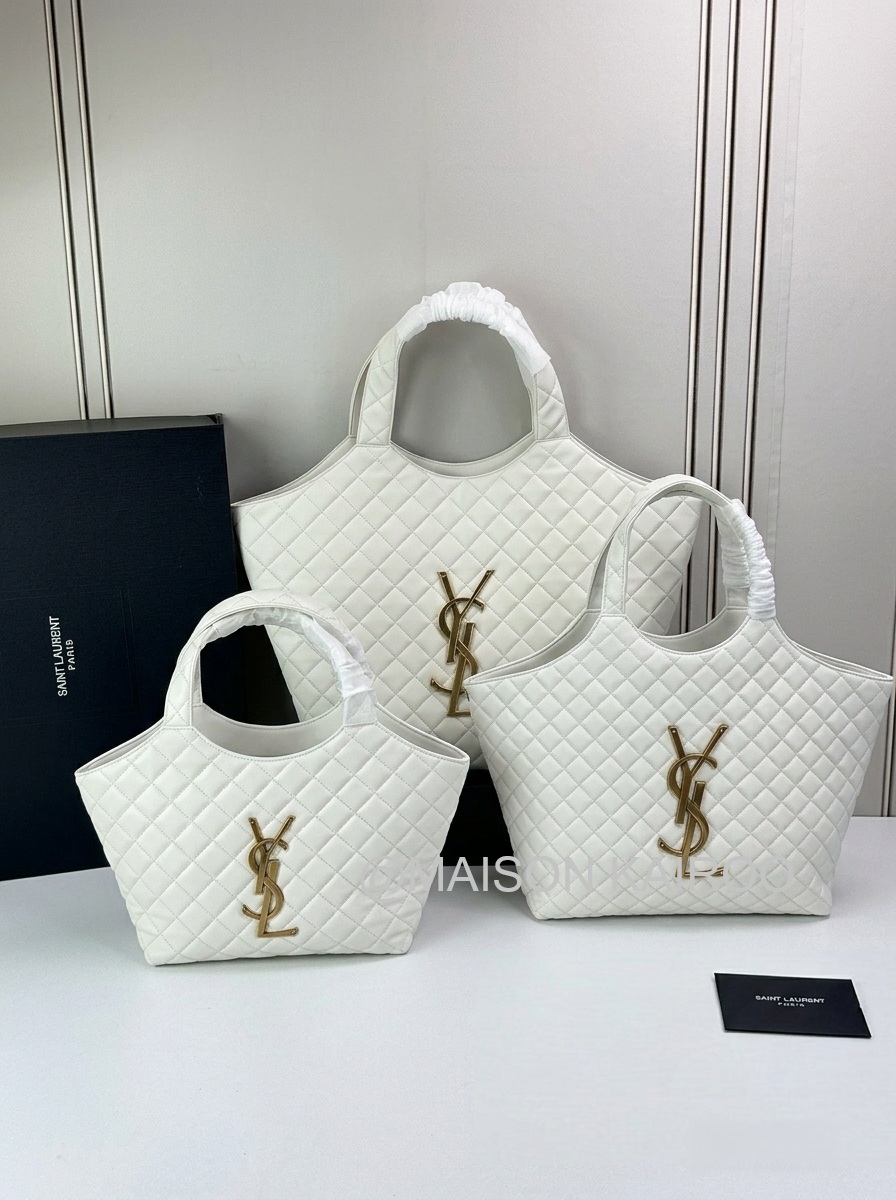 Saint Laurent YSL Icare Maxi/Med/Small White Monogram Quilted Leather Tote Bag With Pouch - KAIROO