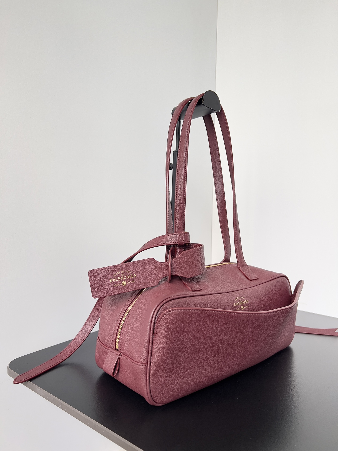 Balenciaga Carrie Small Red Grained Leather Multi-Way Top Handle Bowler Bowling Bag - KAIROO