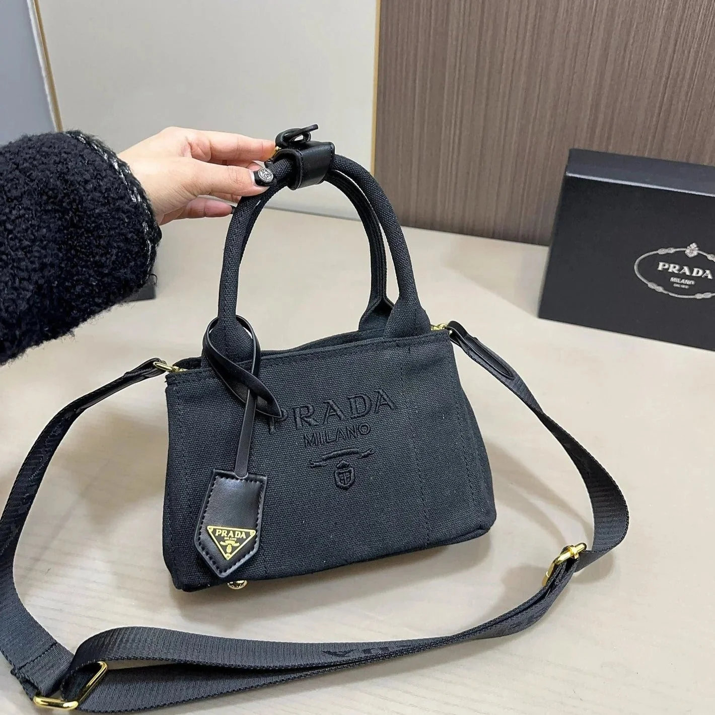 Prada EMBOSSED LOGO MINI TOTE BAG 22 IN BLACK FABIC