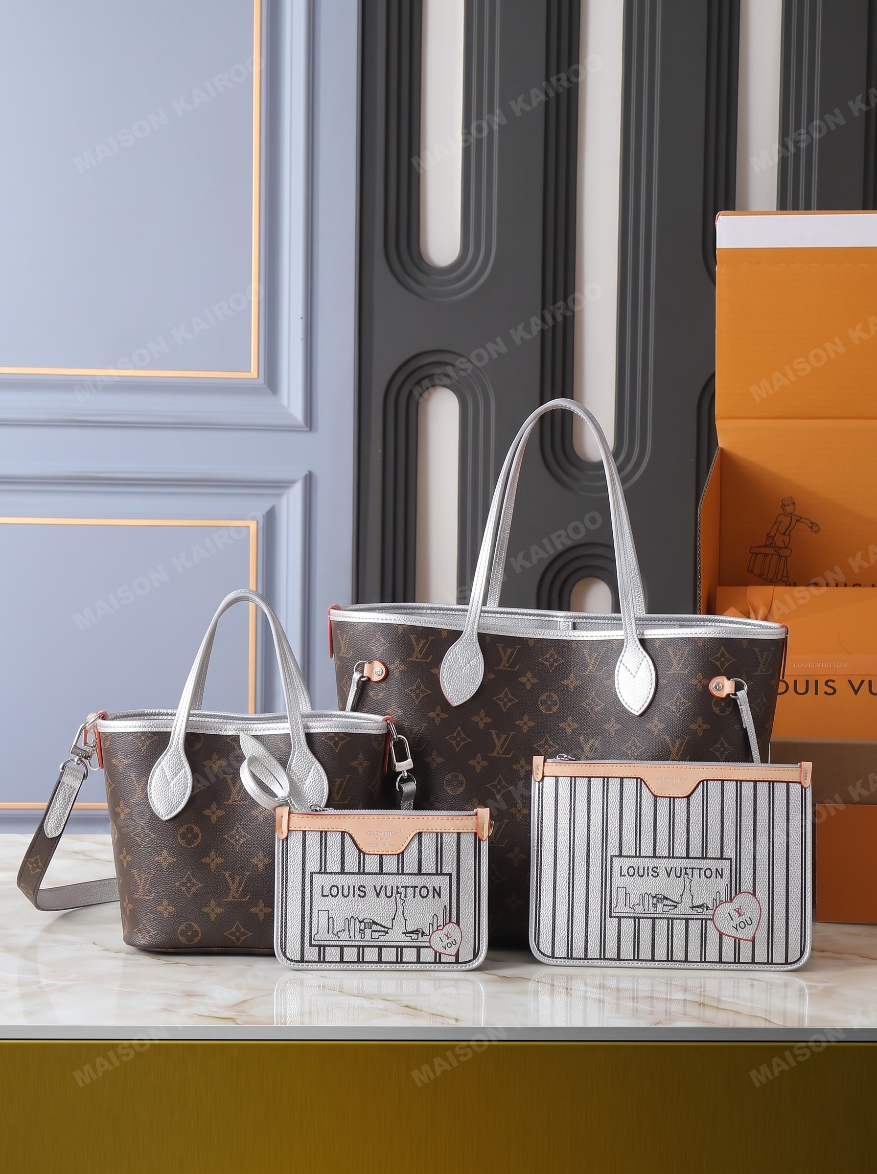 Louis Vuitton LV Neverfull Inside Out BB/MM Silver Striped Cityscape & Heart Label Reversible Tote Bag - KAIROO
