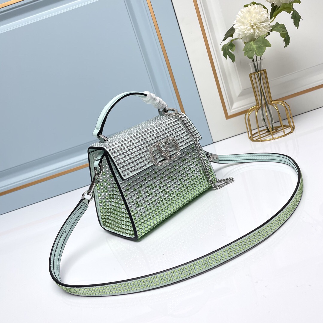 Valentino Loco Crystal Mint Green Ombre Leather VLogo Signature Trapezoid Top Handle Bag - KAIROO