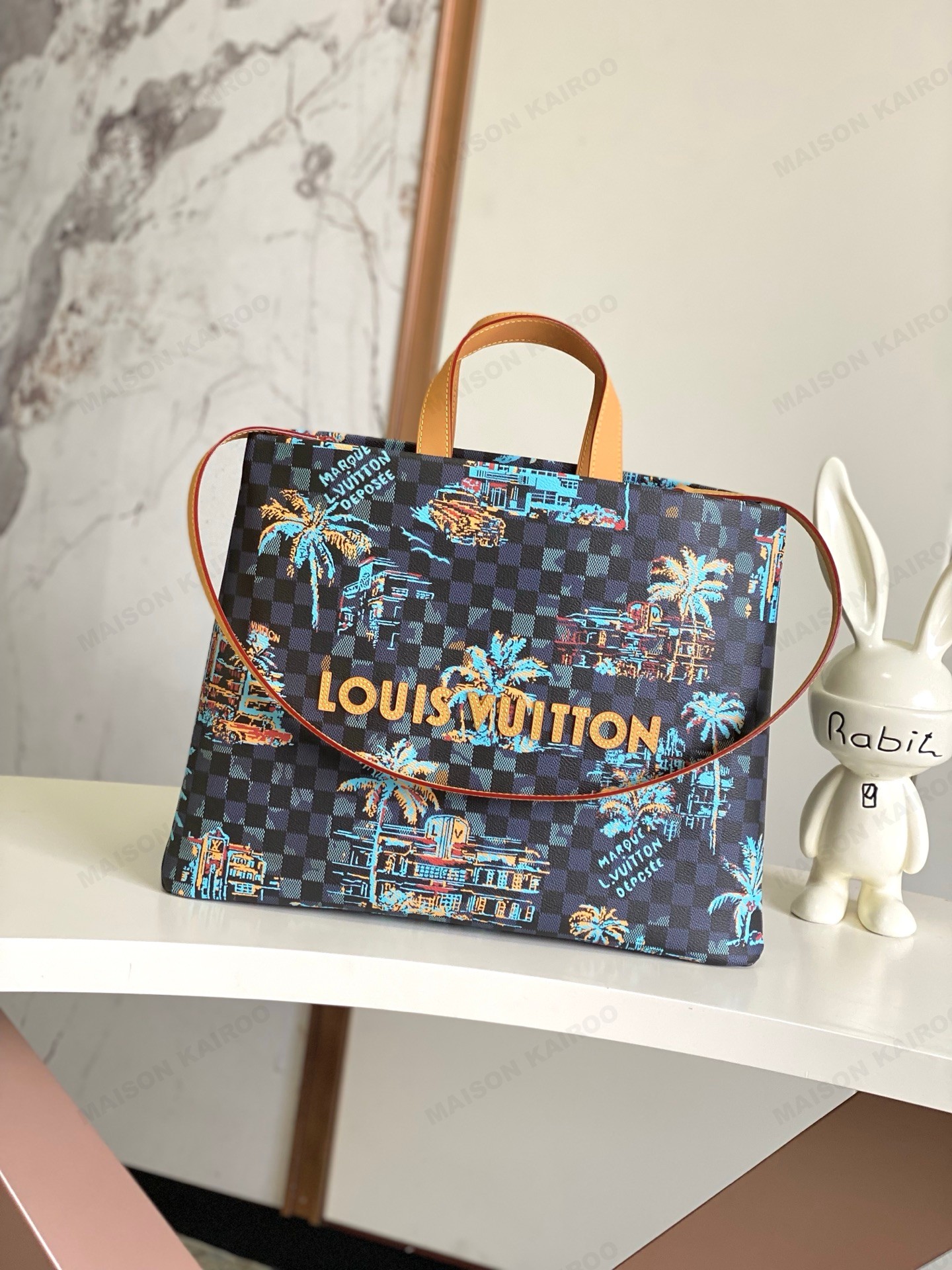 Louis Vuitton LV Summer Tiles Onthego Shopper Tote MM Damier Graphite Palm Tree Print Canvas Leather Tote Bag - KAIROO