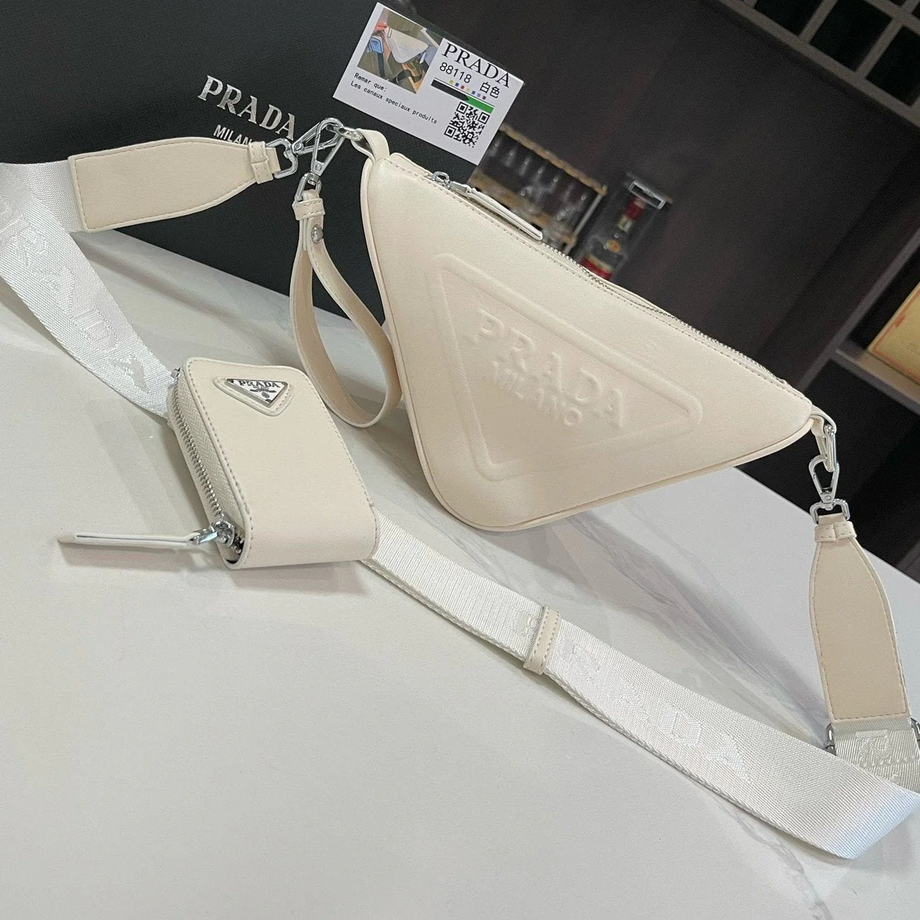 Prada TRIANGLE 27 SHOULDER BAG IN WHITE CALFSKIN WITH STRAP