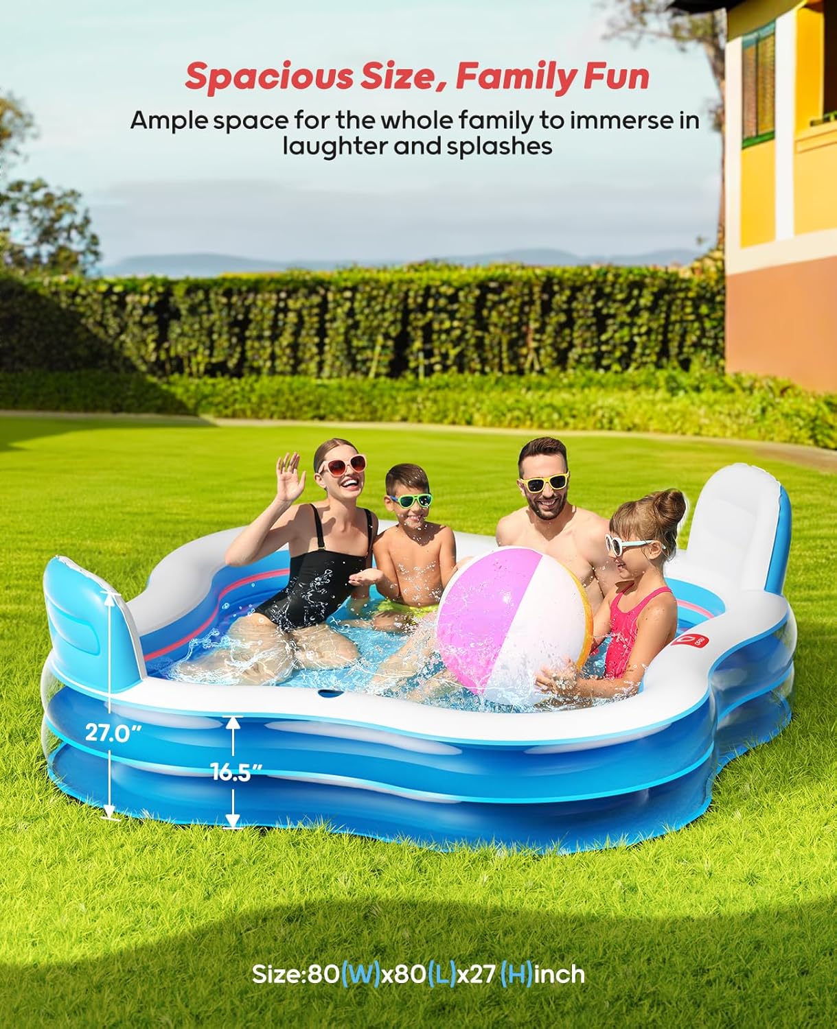 QPAU Inflatable Swimming Pool with 2 Seats and Backrests, 80