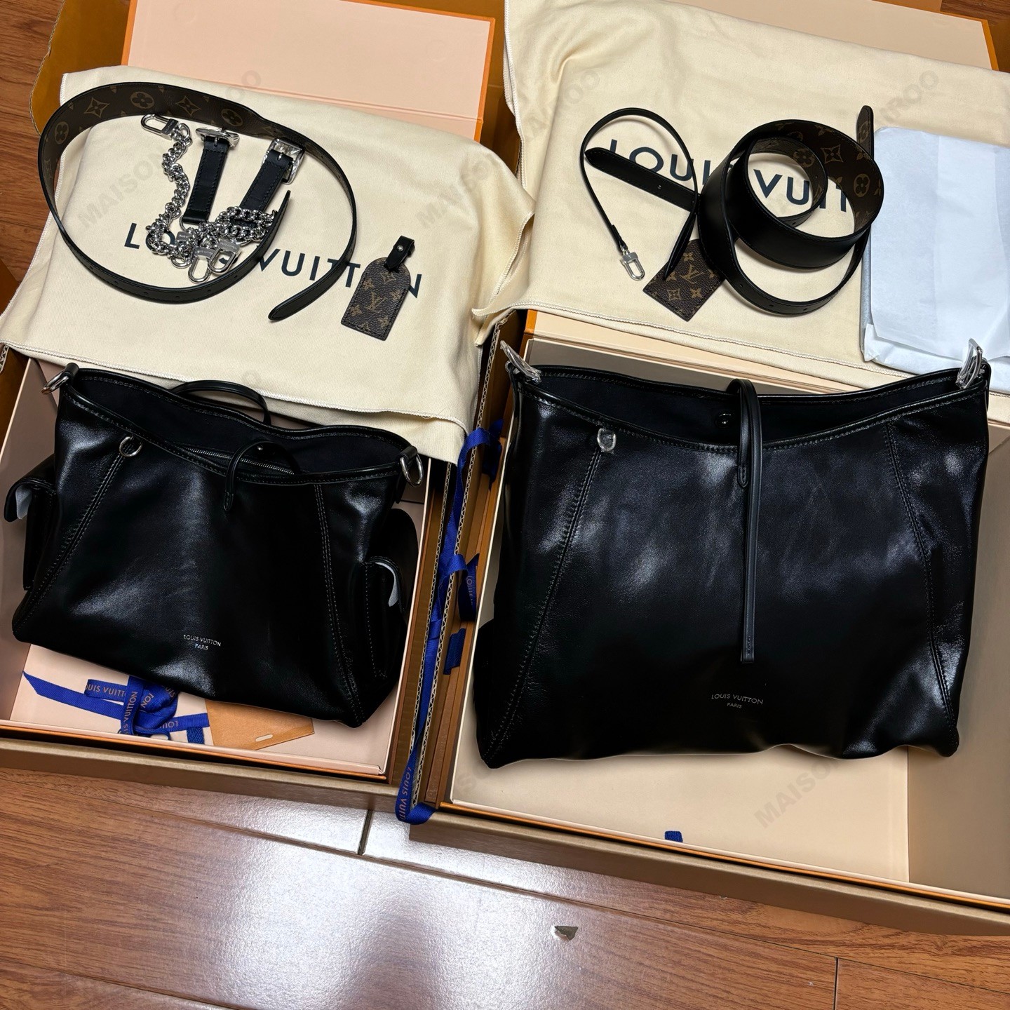 【15A】Louis Vuitton LV CarryAll Cargo Vibe PM/MM Black Leather Monogram Strap Hobo Shoulder Bag - KAIROO