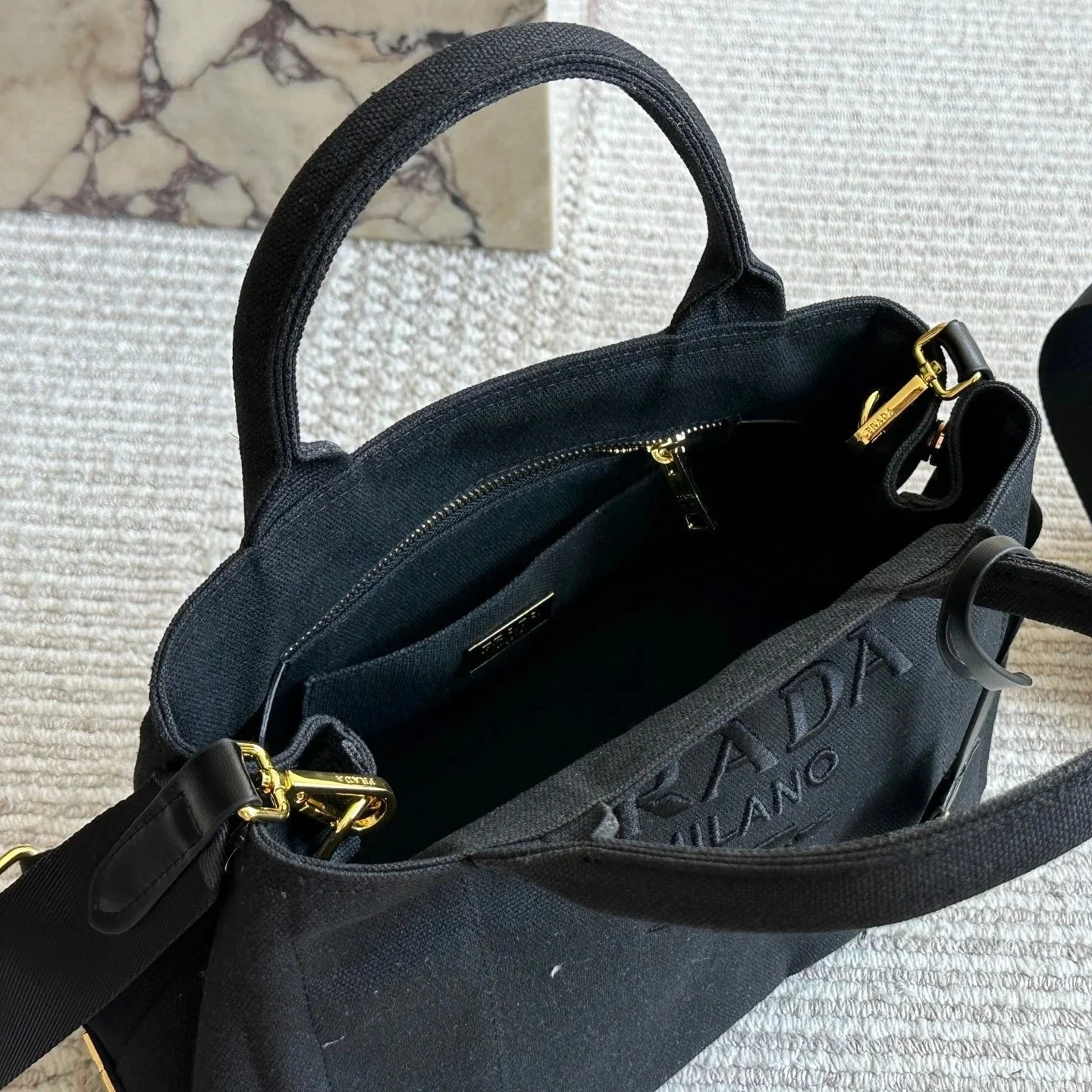Prada EMBROIDED LOGO LARGE HANDBAG 30 IN BLACK LINEN BLEND