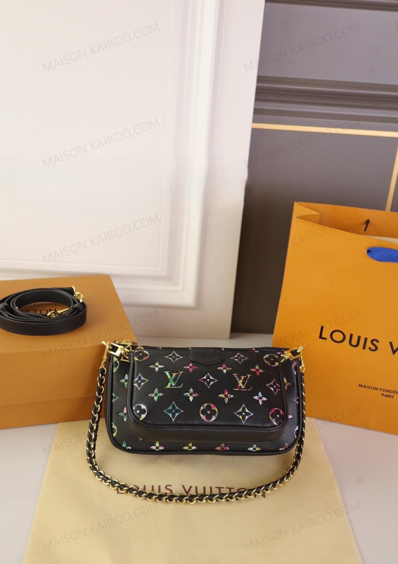 Louis Vuitton LV Multi Pochette Accessoires Broderies Black Multicolor Leather Chain Hobo Shoulder Bag - KAIROO