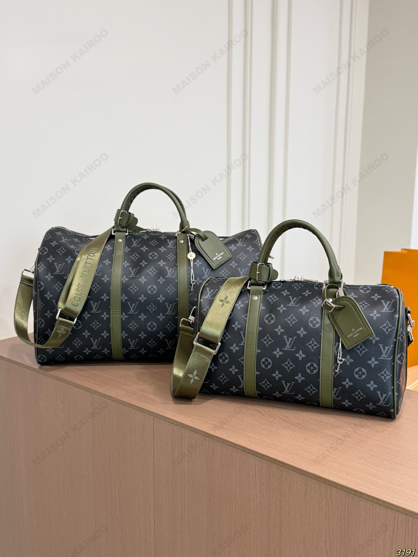 Louis Vuitton Keepall Bandoulière 35/50 Monogram Eclipse Canvas Green Strap Duffle Travel Bag - KAIROO