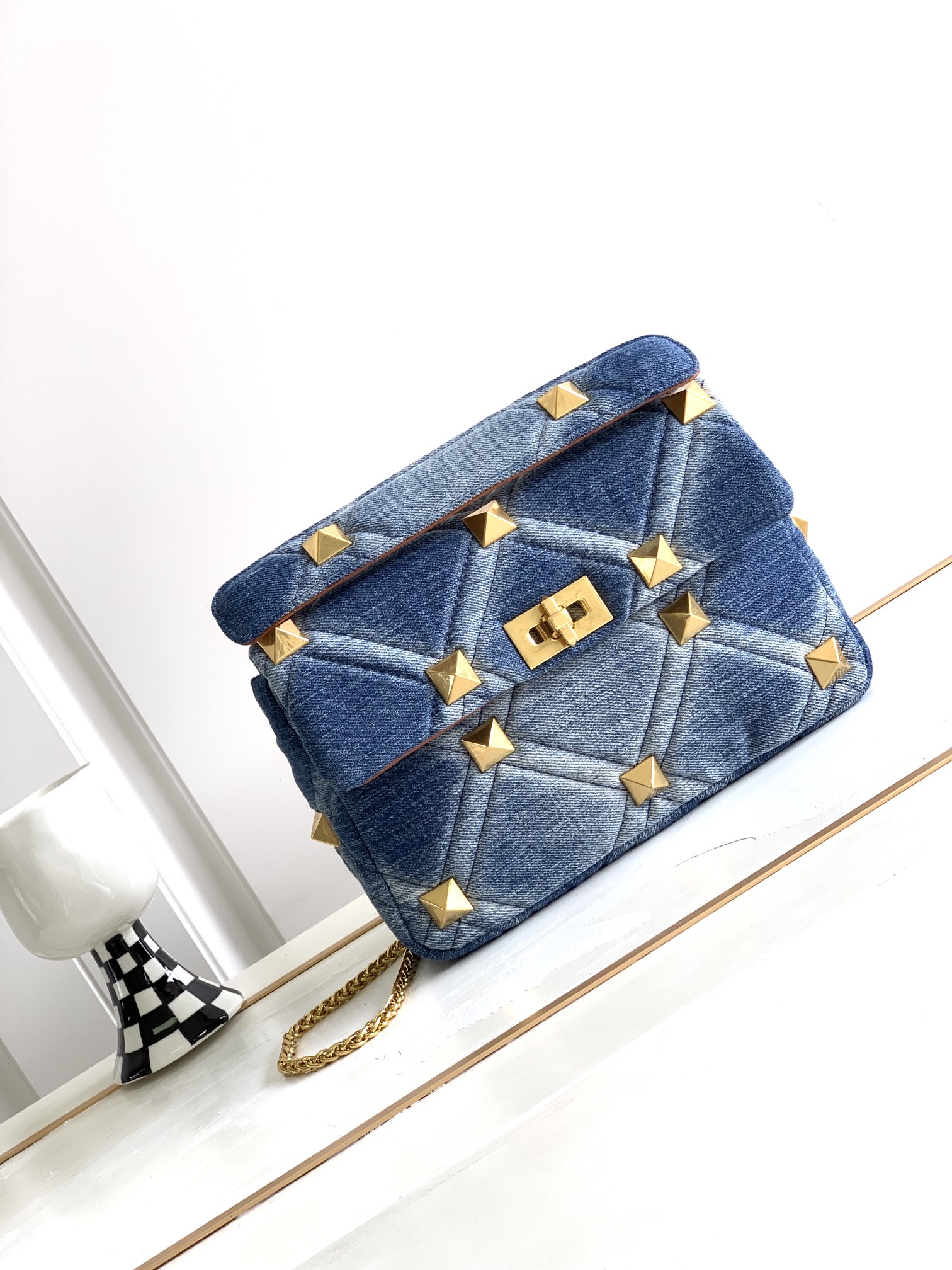 Valentino Roman Stud Quilted Blue Denim Gold Maxi Studs Chain Flap Shoulder Bag - KAIROO
