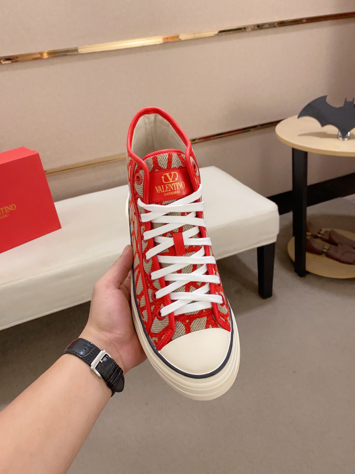 Valentino Garavani Toile Iconographe Rosso VLogo Canvas High Top Sneakers - KAIROO