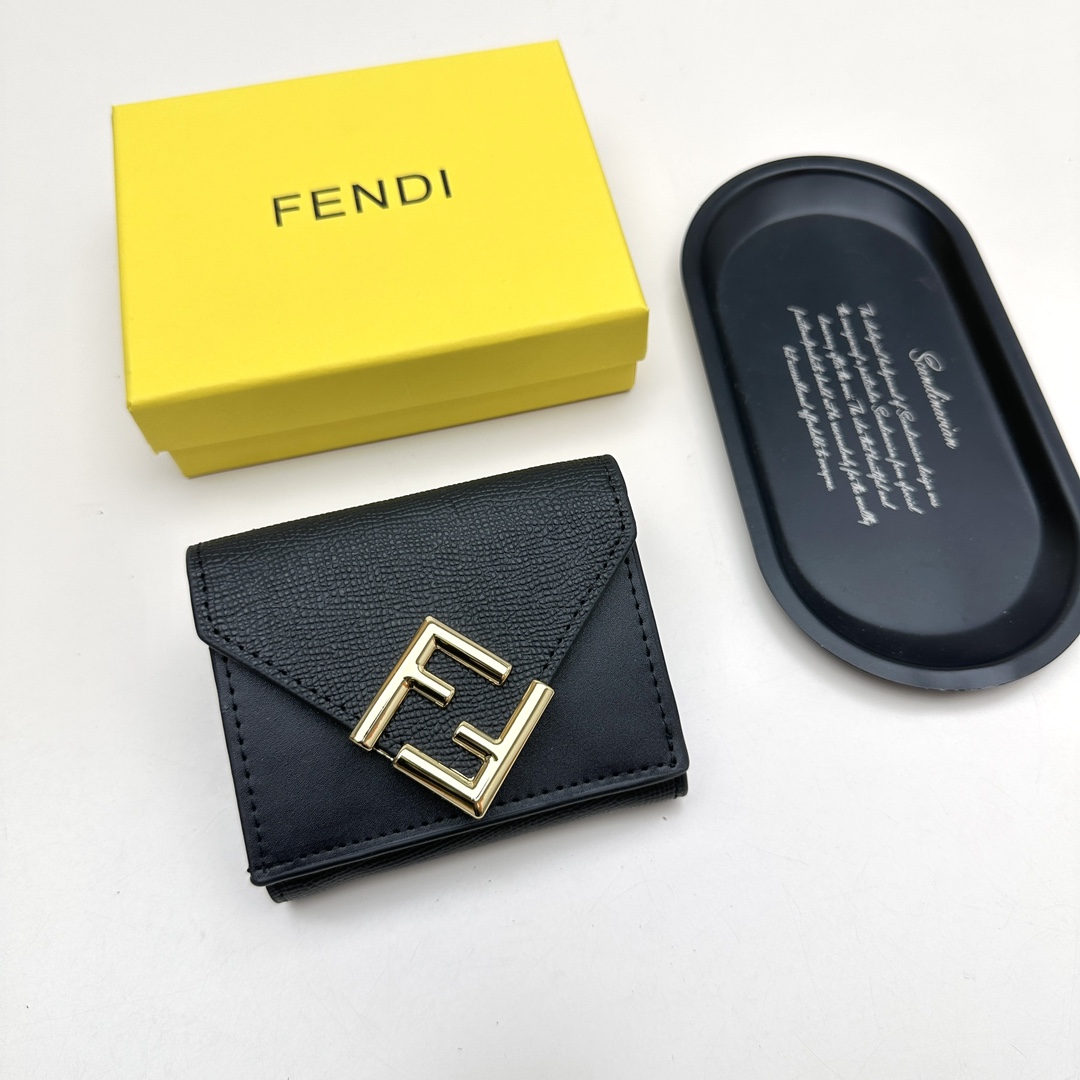 Fendi Black Envelope Flap Grained Leather Trifold Wallet with Gold-Tone F Logo - KAIROO