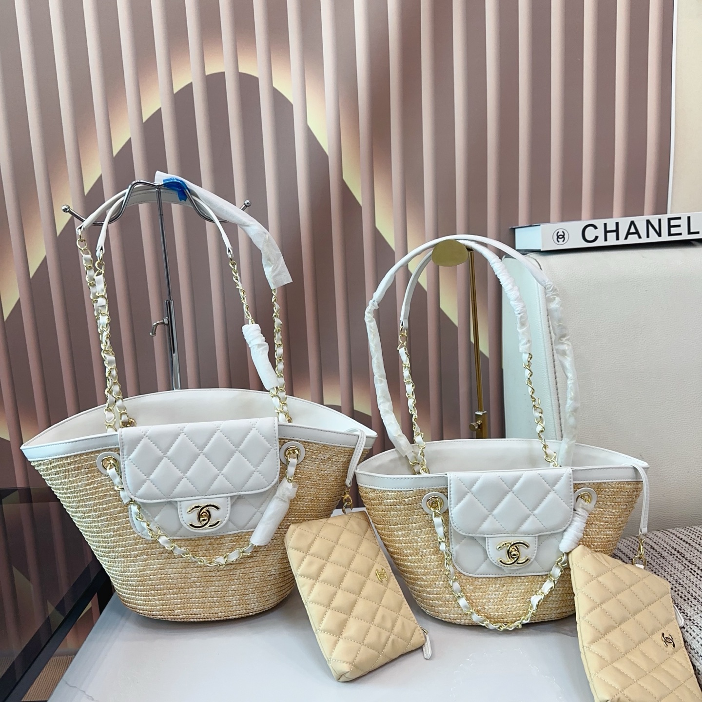 Chanel Small/Large Raffia Straw Quilted Leather Turn-lock Basket Shopping Tote Bag With Pouch - KAIROO