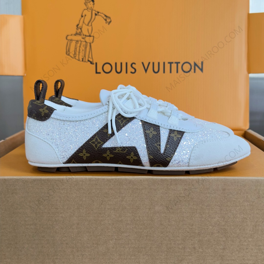Louis Vuitton LV Monogram Glitter White Monogram Canvas Side Run Away Low Top Ballet Sneakers - KAIROO