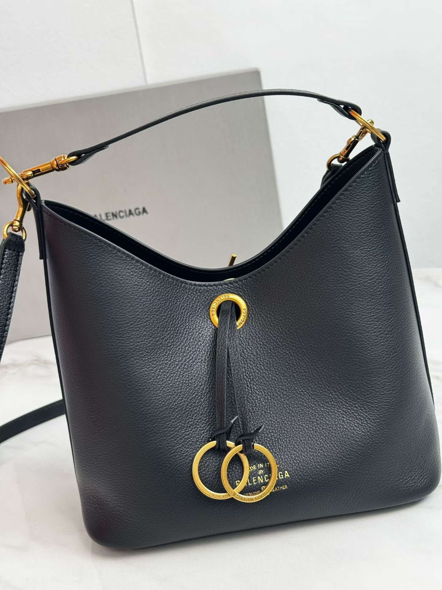 Balenciaga Duty Free Small Black Pierced Soft Grained Leather Gold Ring Hobo Tote Bag - KAIROO