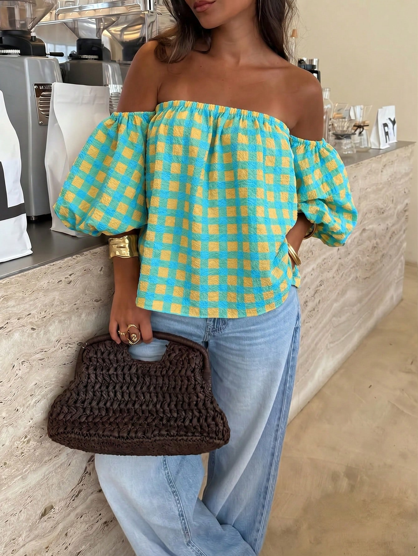 Women's Gingham Puff Sleeve Off-Shoulder Loose Blouse