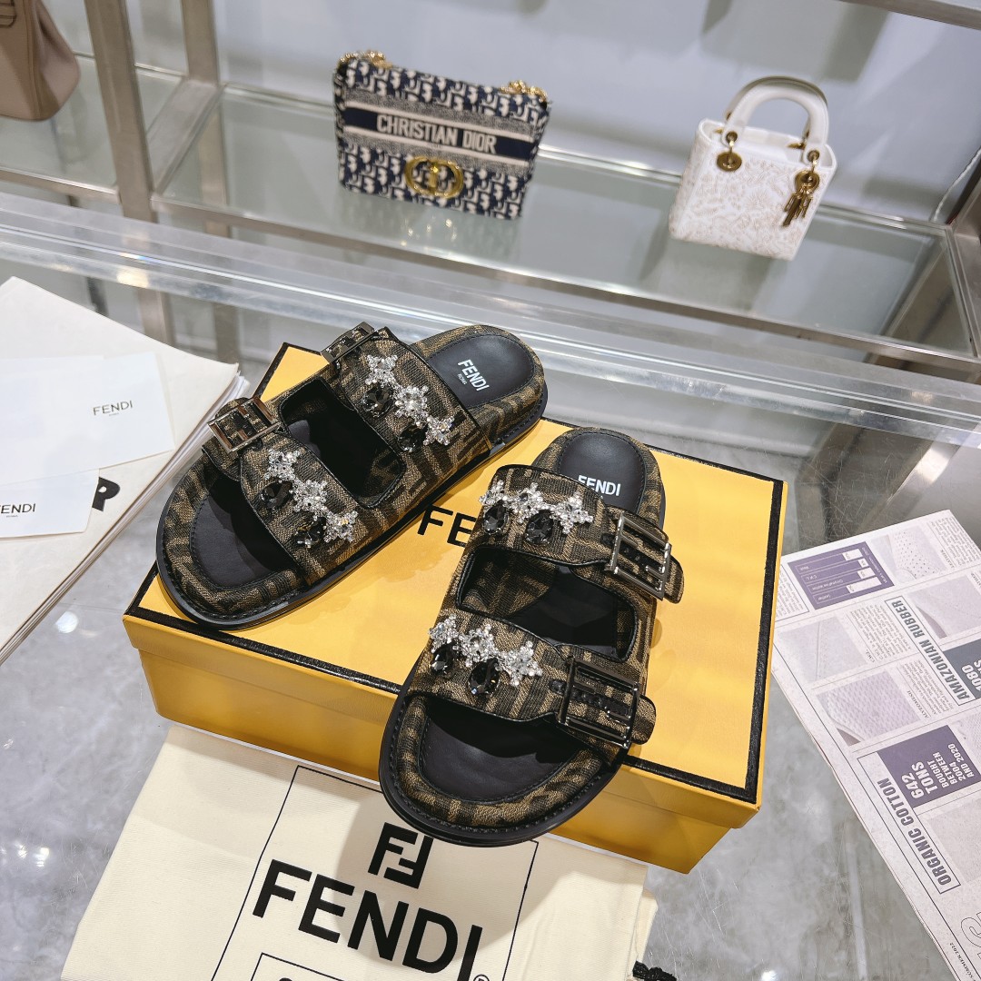 Fendi FF Brown Jacquard Monogram Canvas Crystal Flower Embellishmen Dual Buckle Strap Slide Sandal - KAIROO