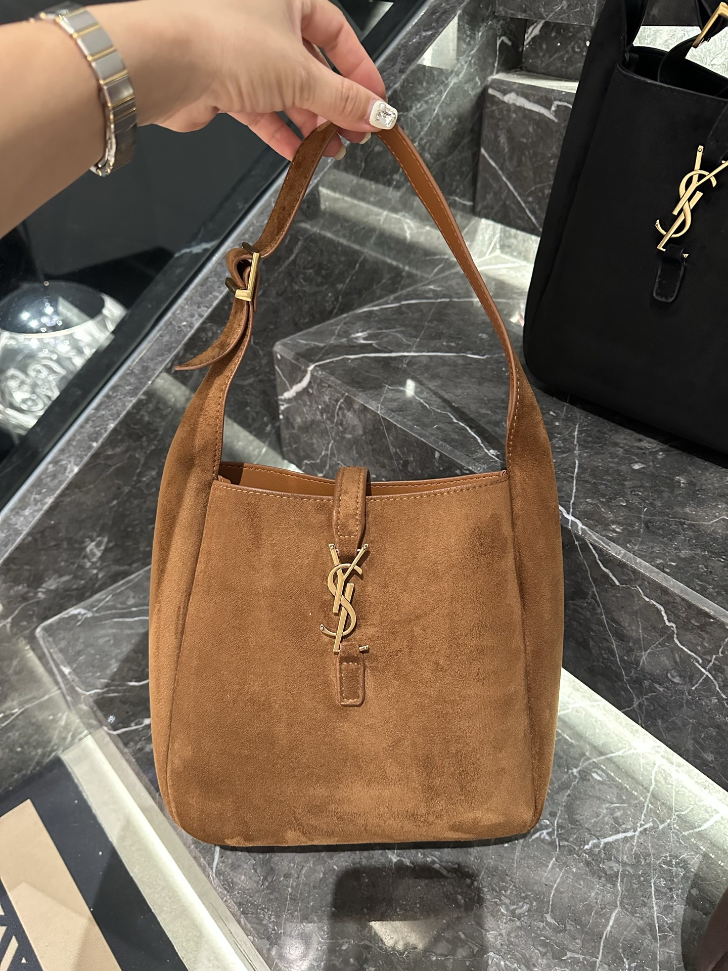 Saint Laurent 5 à 7 Suede Interlocking YSL Hook Closure Hobo Buckle Strap Shoulder Tote Bag - KAIROO