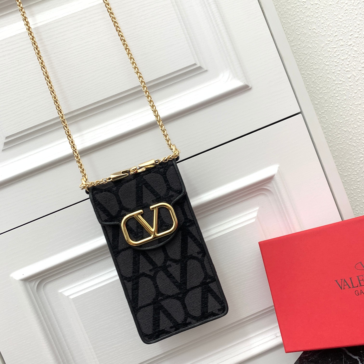 Valentino Toile Iconographe Grey Canvas Leather VLogo Signature Chain Mini Vertical Phone Pouch Bag - KAIROO