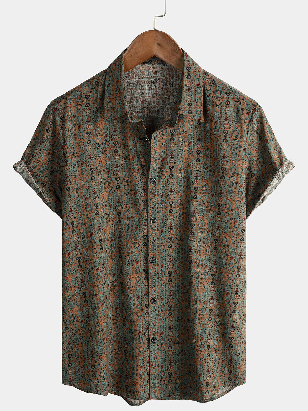 Men's Vintage 70s Brown Paisley Tribal Boho Retro Short Sleeve Shirt