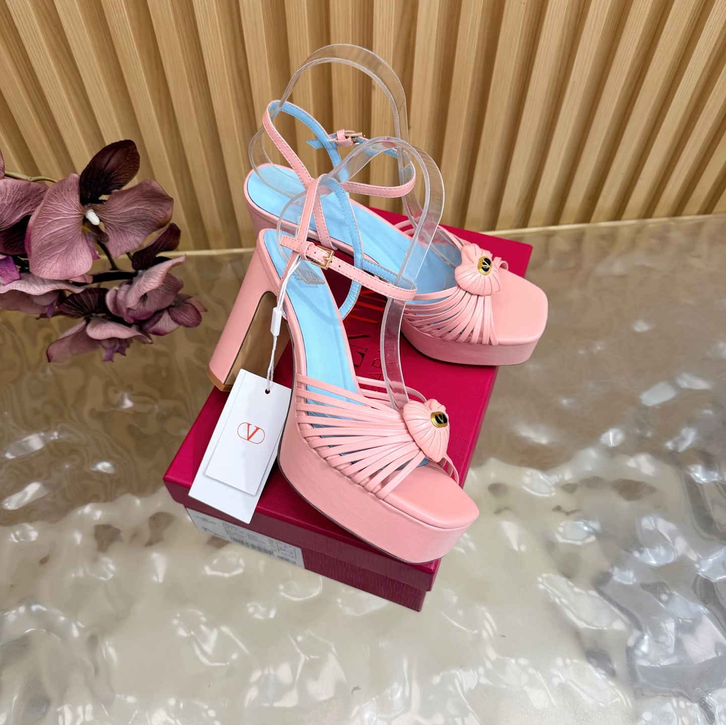 Valentino Garavani Pink VLogo Crystal Brooch Satin Multi Straps Platform Square Toe Chunky Heel Sandals - KAIROO