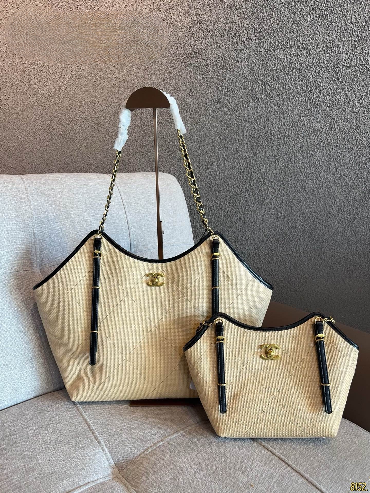Chanel Large&Small Quilted Raffia Woven Leather Straps Basket Winged Tote Bag With Pouch - KAIROO