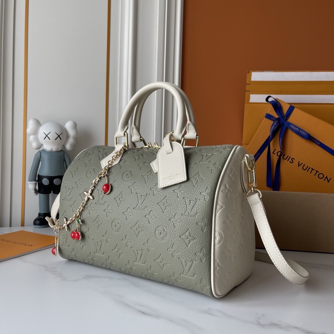 Louis Vuitton LV Speedy 30 Sage&Cream Split Panel Monogram Embossed Leather Cherry Charm Boston Top Handle Bag - KAIROO