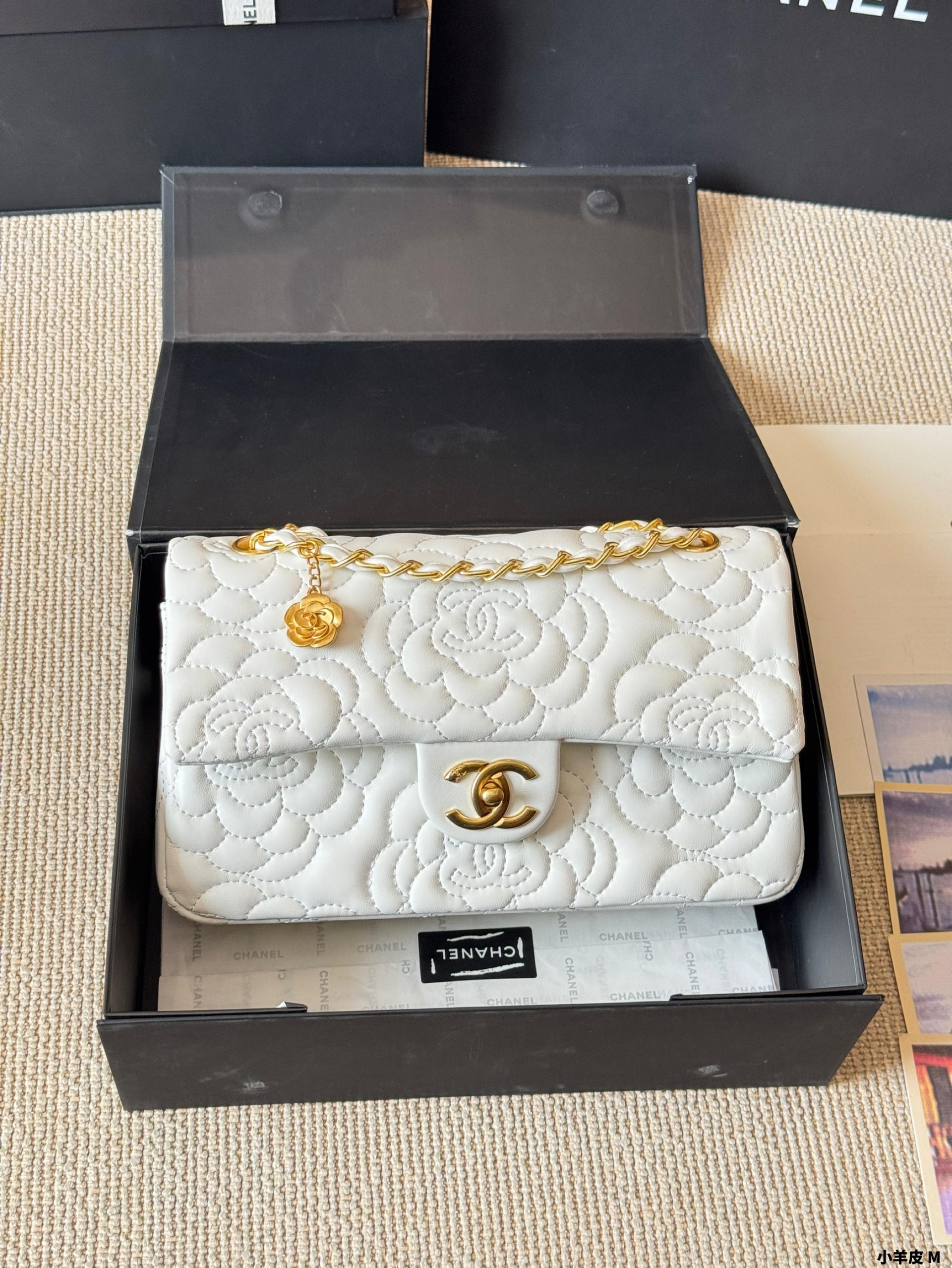 Chanel Camellia CF Medium 26CM Embossed Leather Interlocking CC Logo Chain Flap Shoulder Bag - KAIROO