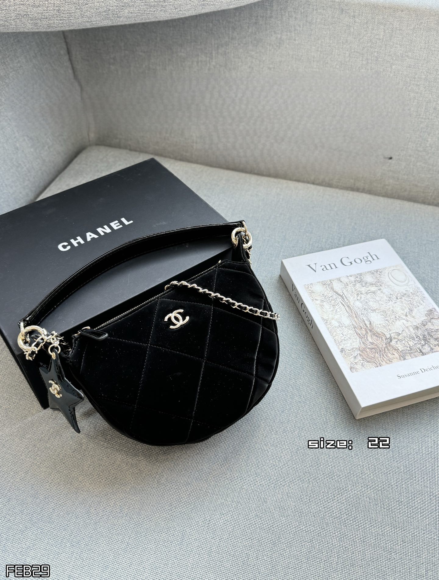 Chanel Small Black Quilted Velvet Leather Handle Half-Moon Hobo Shoulder Bag With Star Charm - KAIROO
