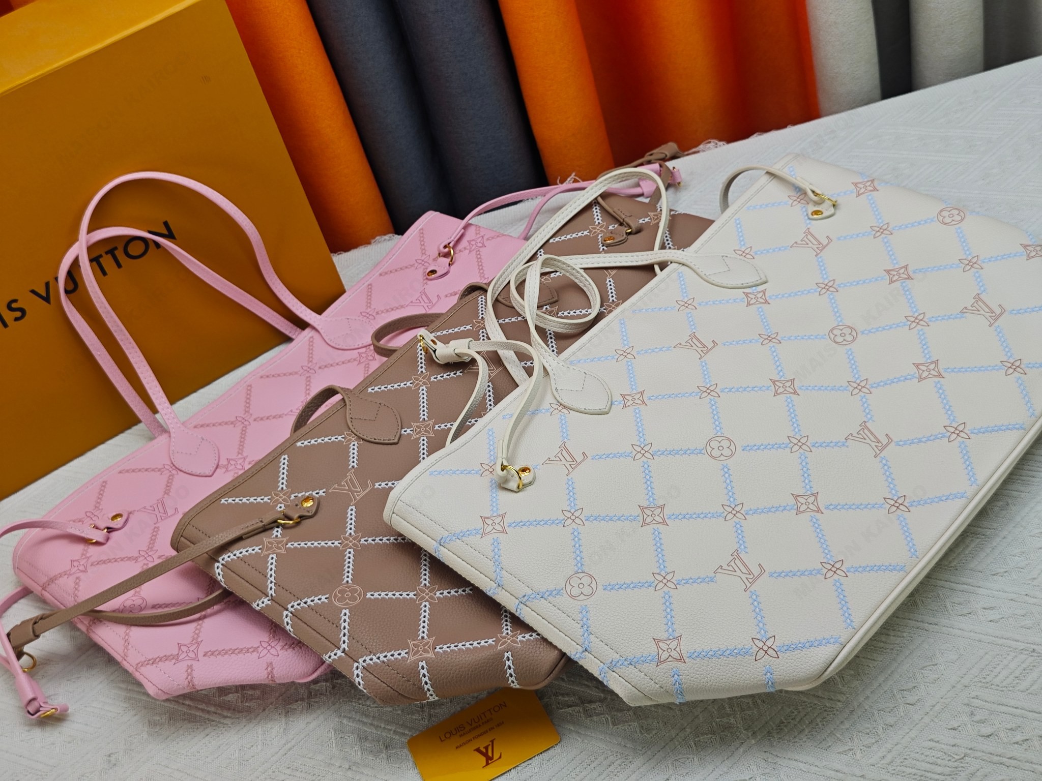 Louis Vuitton LV Neverfull MM Monogram Stitched Grid Empreinte Leather Tote Bag With Pouch - KAIROO