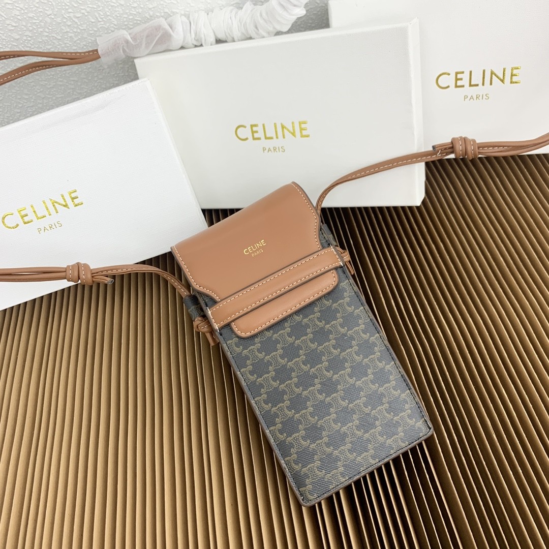 Celine Triomphe Monogram Canvas Leather Flap Vertical Phone Pouch Bag - KAIROO