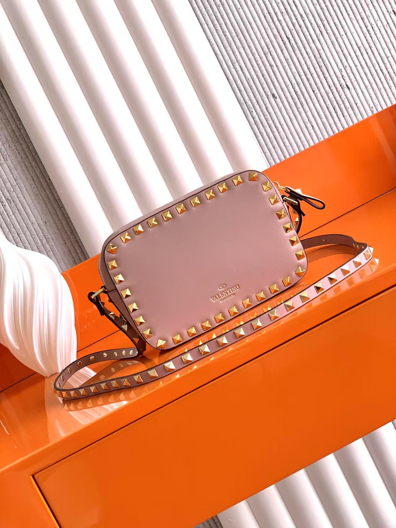 Valentino Rockstud Grained Leather Platino Studded Frame Rectangular Camera Crossbody Bag - KAIROO