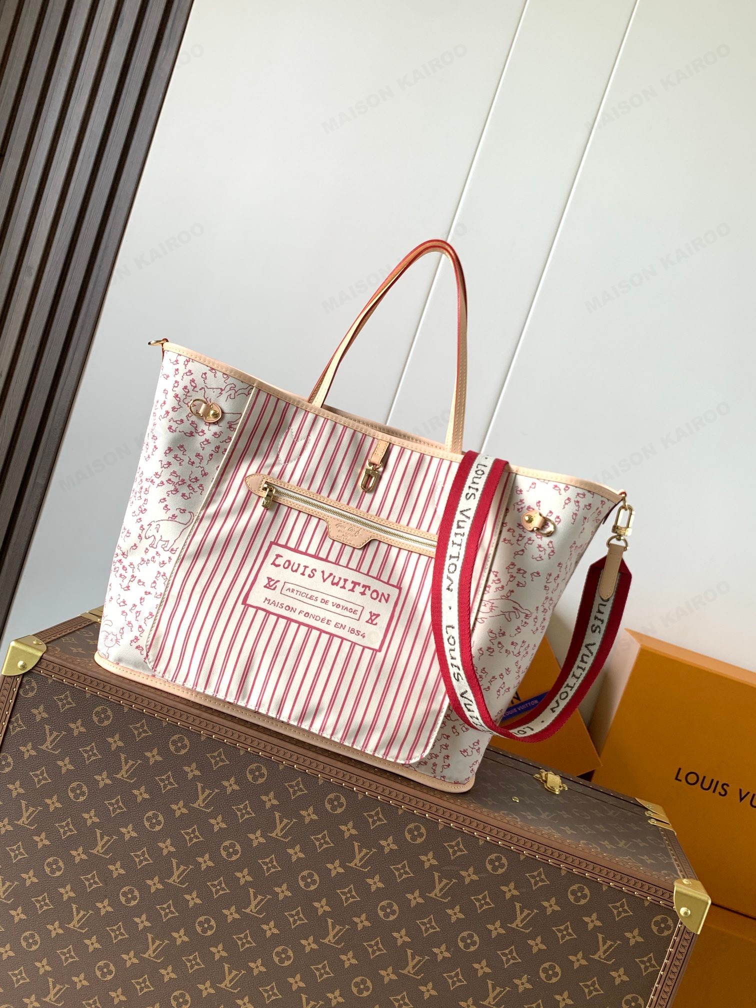 Louis Vuitton LV Neverfull Inside Out MM&GM Canvas Cat Print Woven Strap Reversible Tote Bag With Pouch - KAIROO