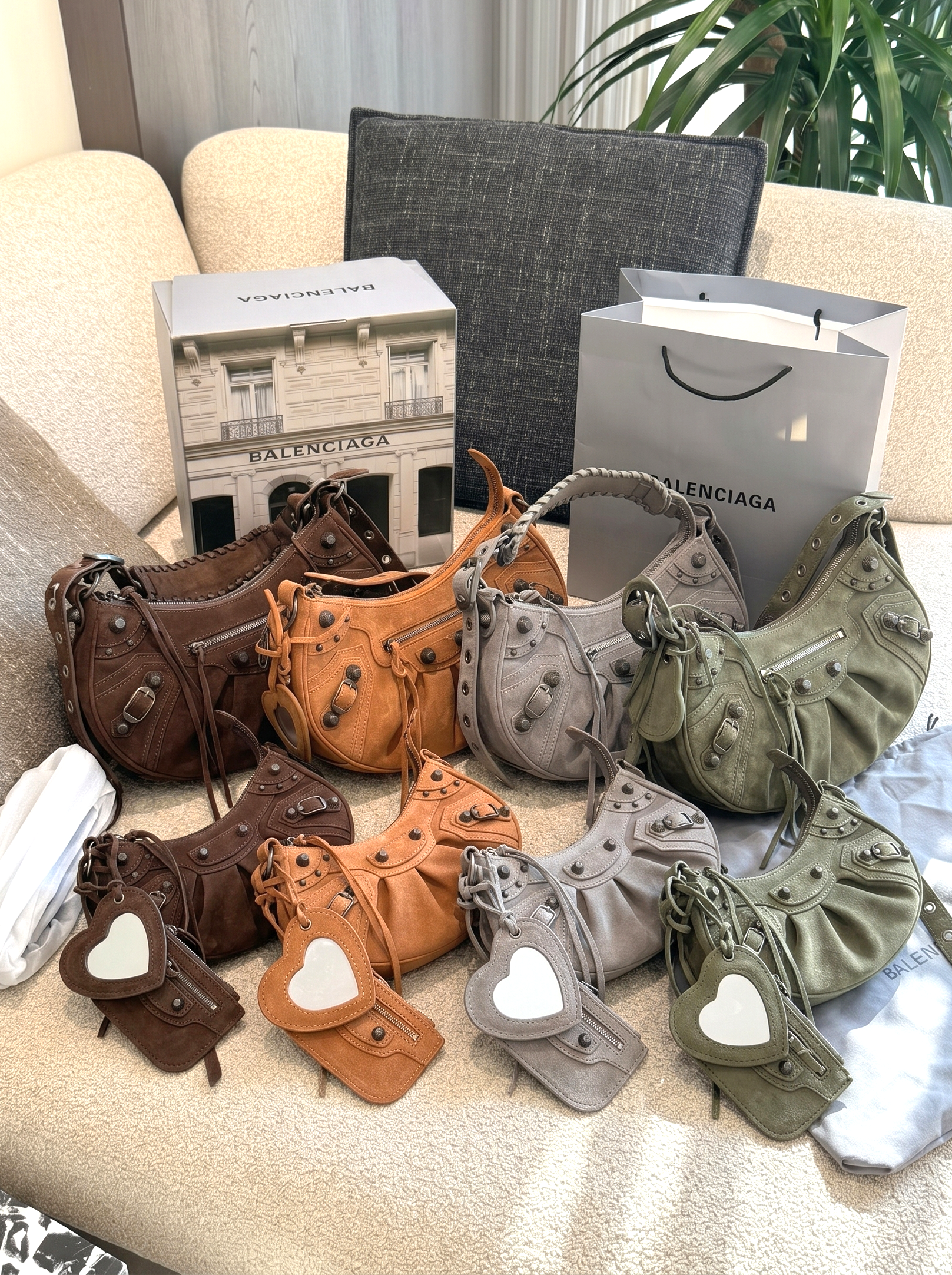 Balenciaga Le Cagole Suede Studded Purse & Heart Mirror Charm Shoulder Hobo Bag - KAIROO