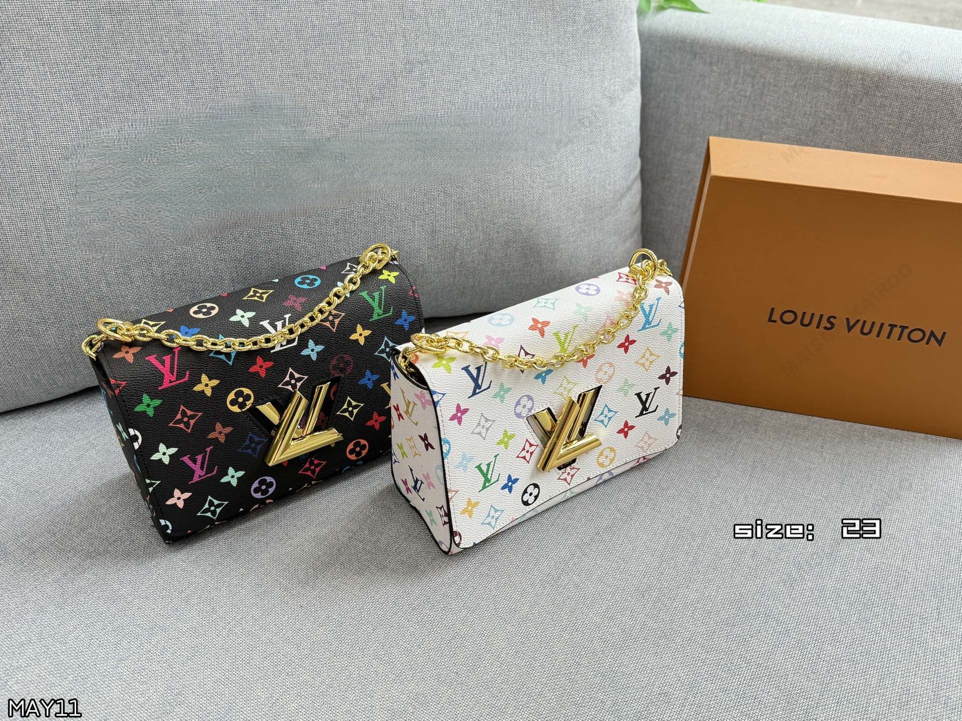 Louis Vuitton LV x TM Twist Lock MM White/Black Multicolor Monogram Canvas Leather Flap Shoulder Bag - KAIROO