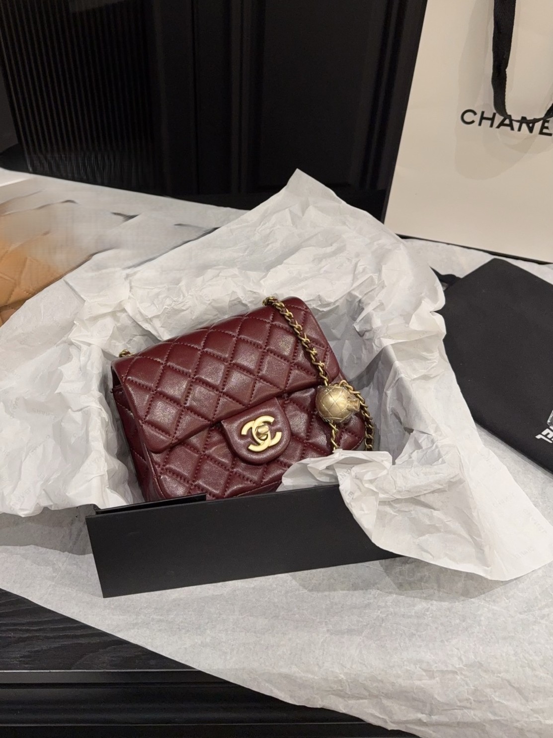 Chanel Mini Square CF 17CM Gold Ball Pearl Crush Quilted Leather Flap Chain Shoulder Bag - KAIROO