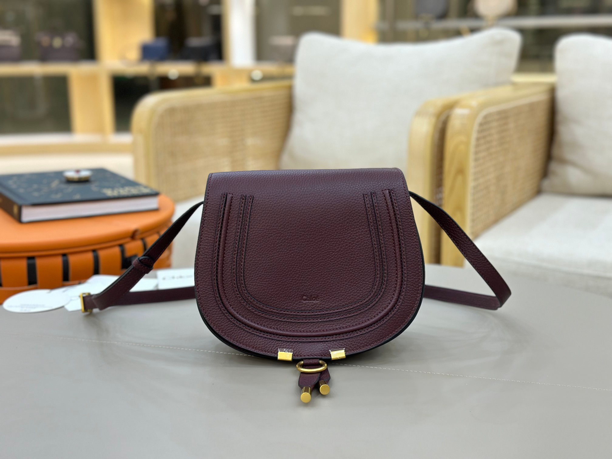 Chloe Marcie Saddle Bag in Grained Calfskin-Burgundy