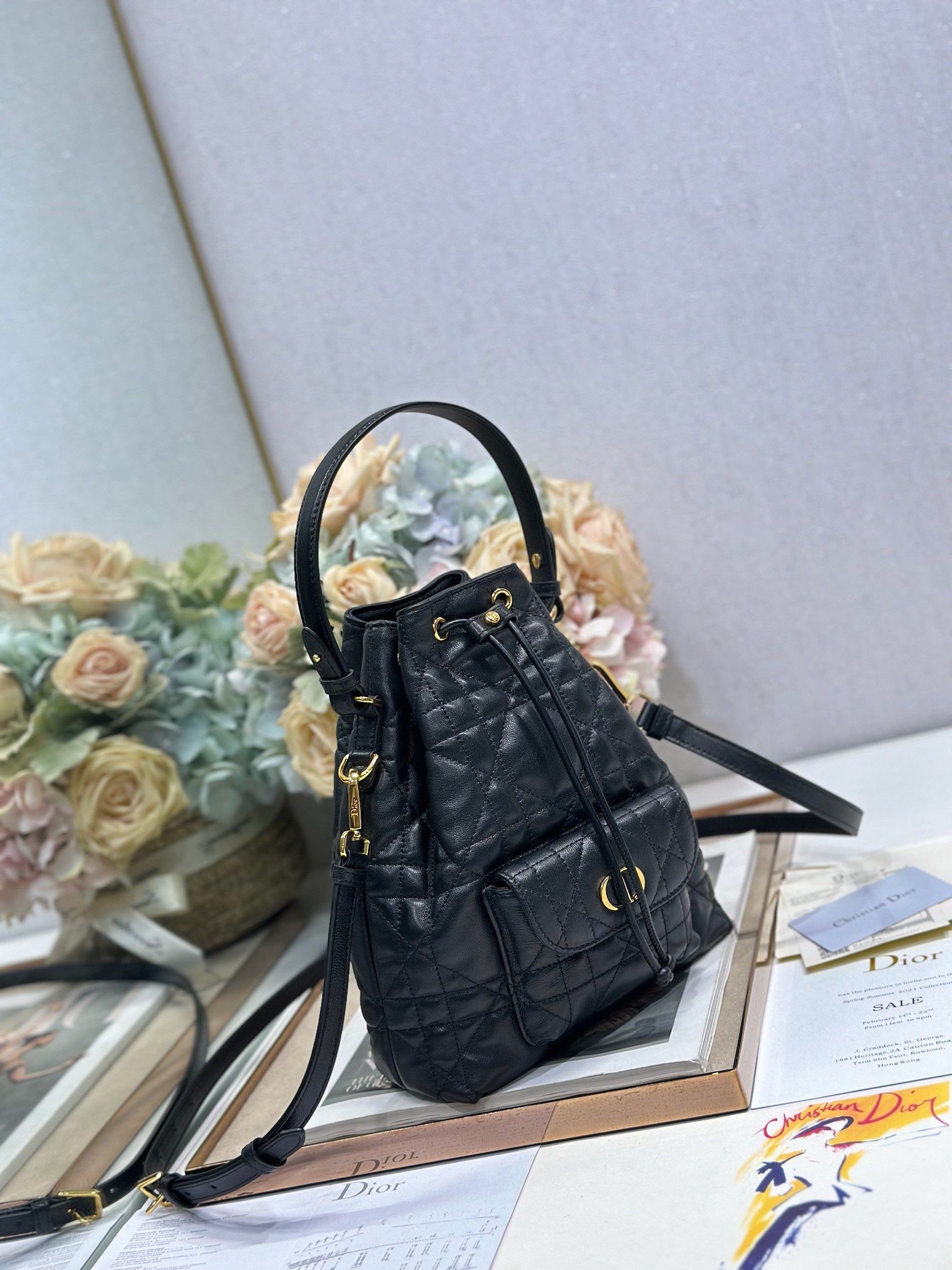 Dior Caro Small Bucket Bag in Black Cannage Calfskin