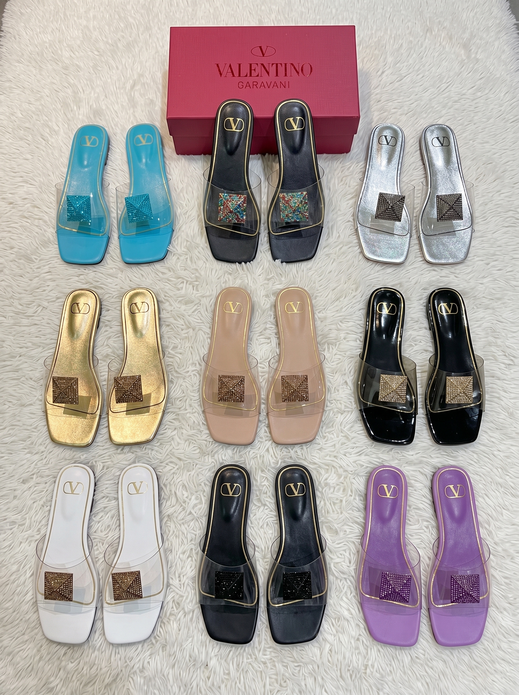 Valentino Rockstud Spike Leather Square Crystal Stud Clear PVC Jelly Strap Square-toe Flat Slippers - KAIROO